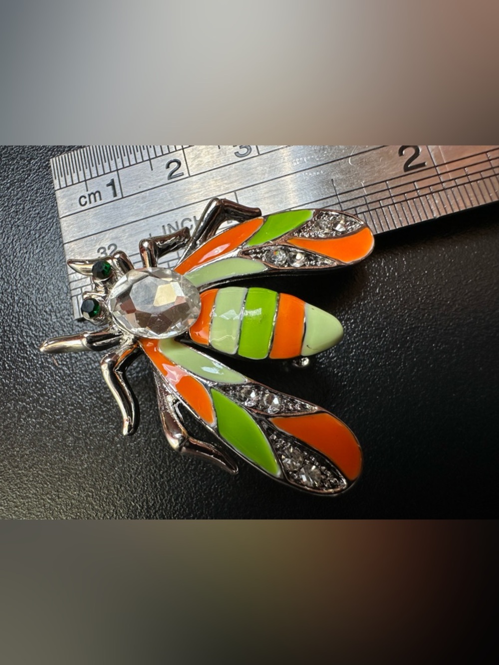 Orange & Green Enamel Bee Brooch - Picture 5 of 7